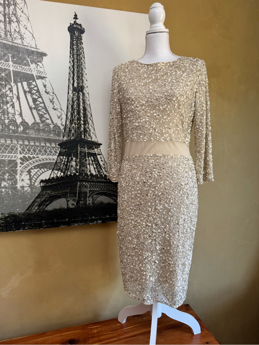 VENUS Champagne Sequin Midi Dress with Sheer Waistband